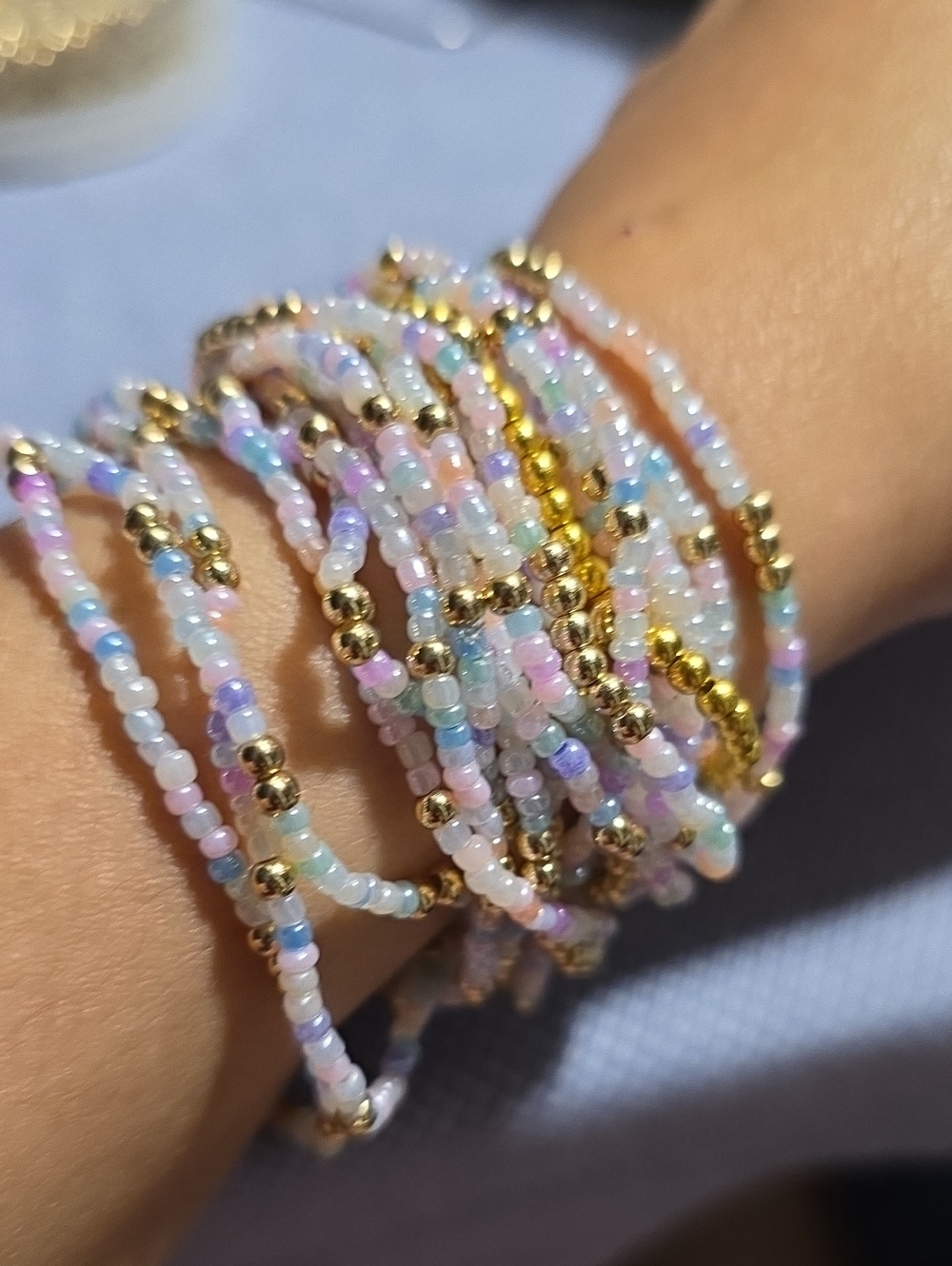 Multicolor Pastel Seed Bead Bracelet with 14k Gold-Plated bead Accents | 10pcs